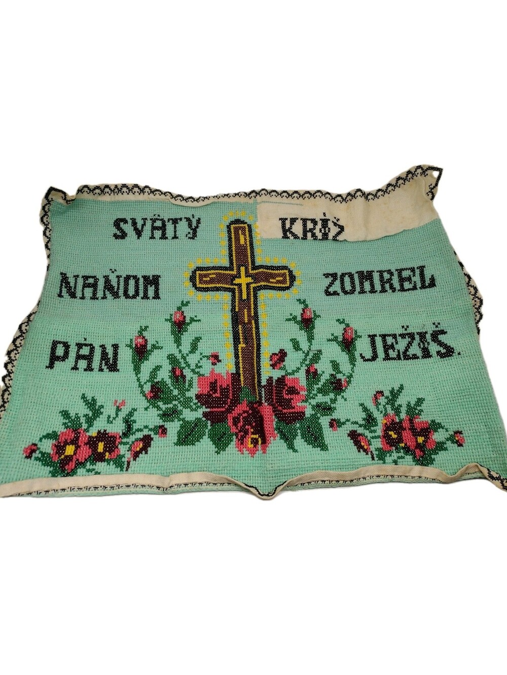 Vintage 40s Slovak Christian Needlepoint Holy Cross Jesus Roses Folk Art Textile